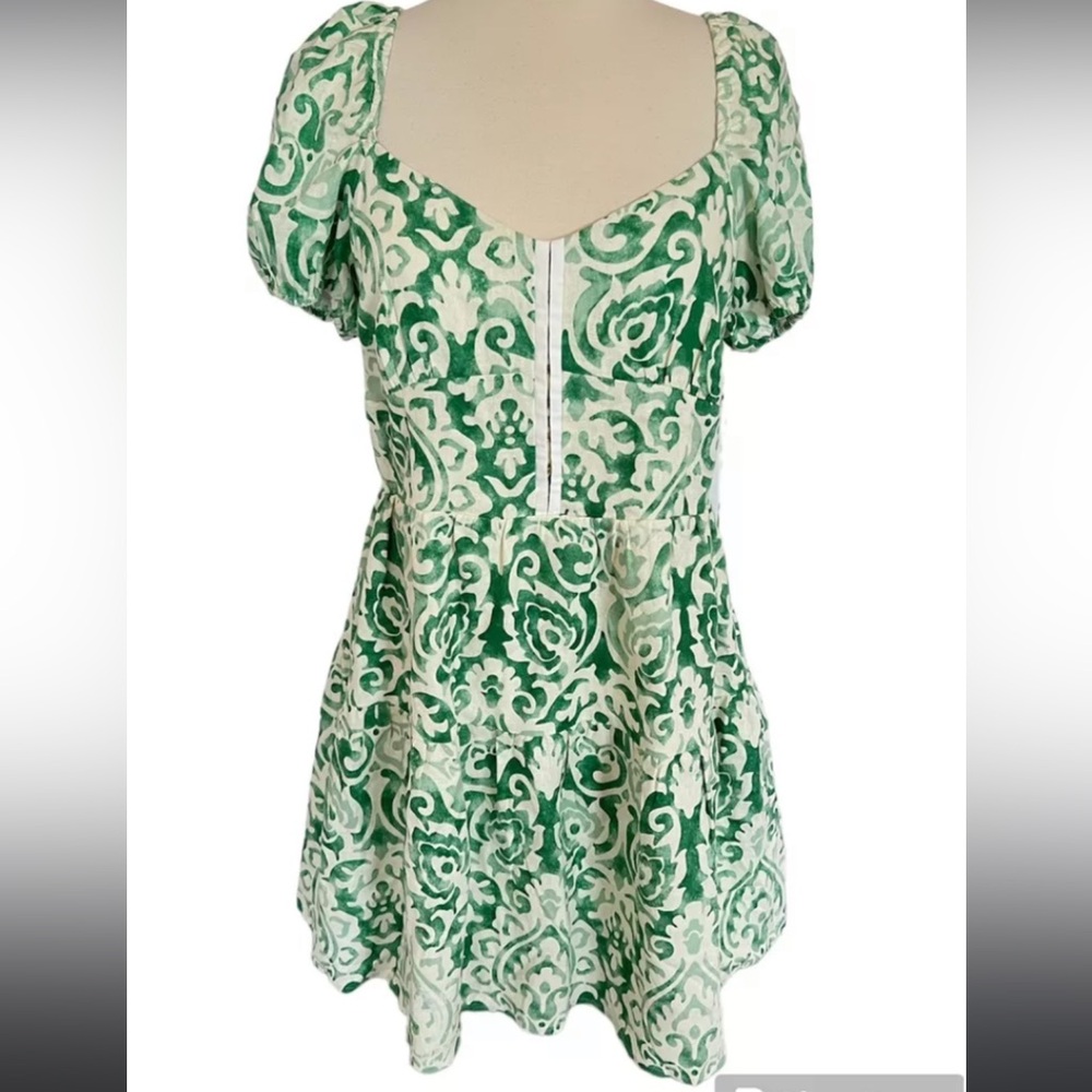 House Of Harlow 1960 - Green Linen Puff Sleeve Dress.